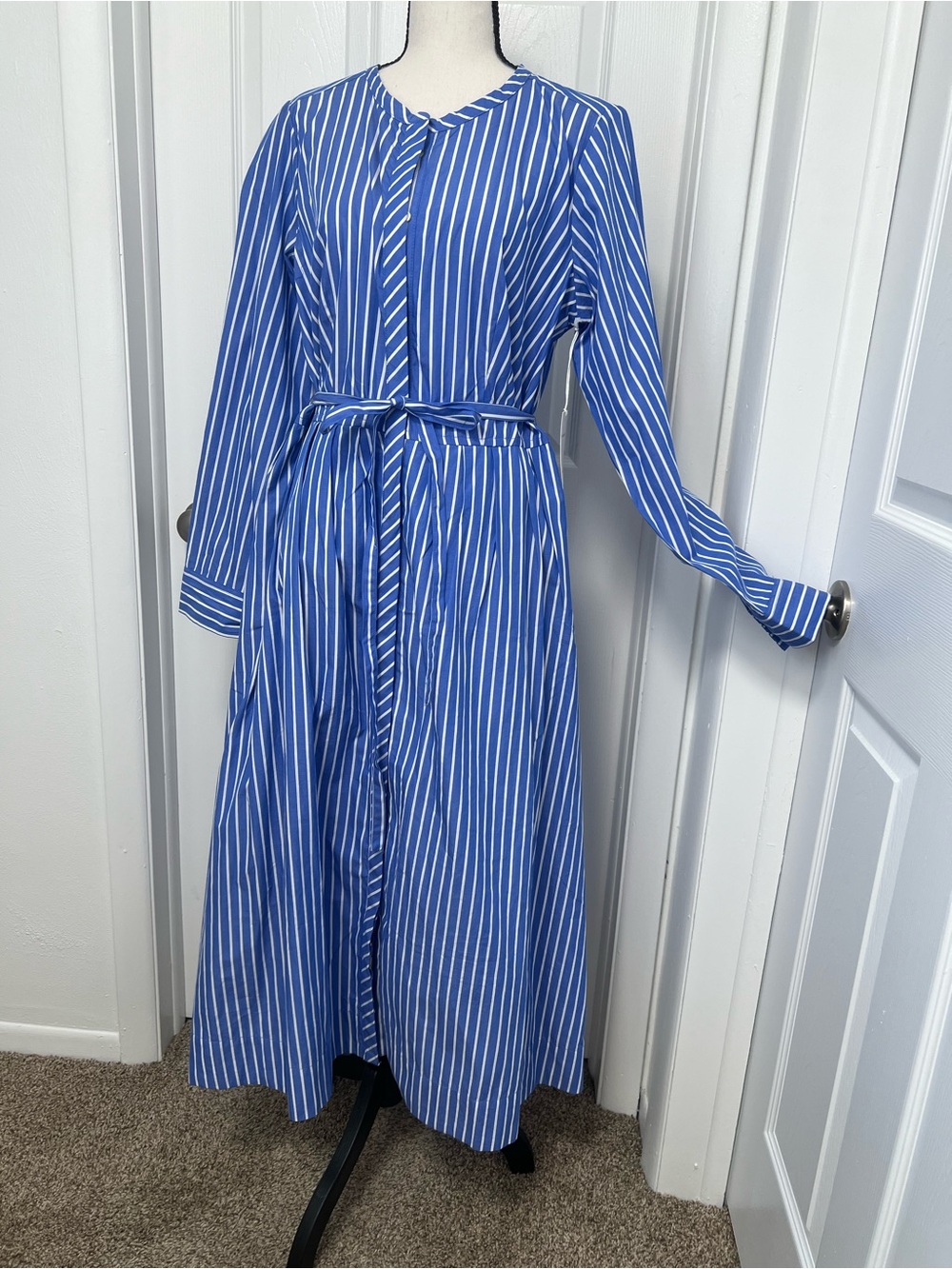 Striped Blue and White Long-Sleeve Maxi Dress with Self Tie - Picture 6 of 11